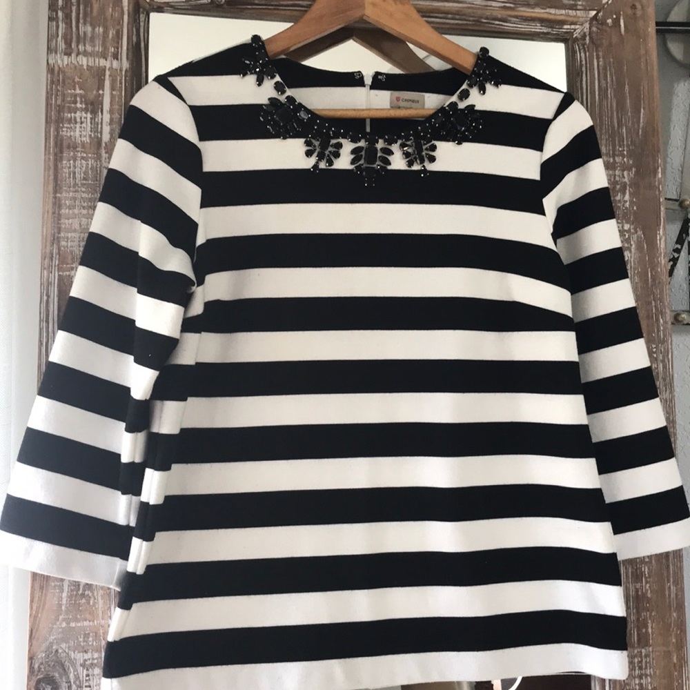 Cremieux Striped Top with Jeweled Neckline